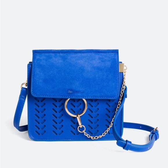 Moda Luxe Elianna Crossbody Bag Cobalt Blue Perforated Mini Bag Gold Ring Accent - Picture 15 of 16